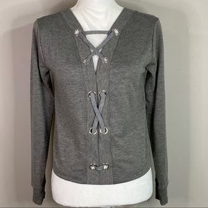 Derek Heart Gray Lace Up Long Sleeve Pullover  Sweater Top